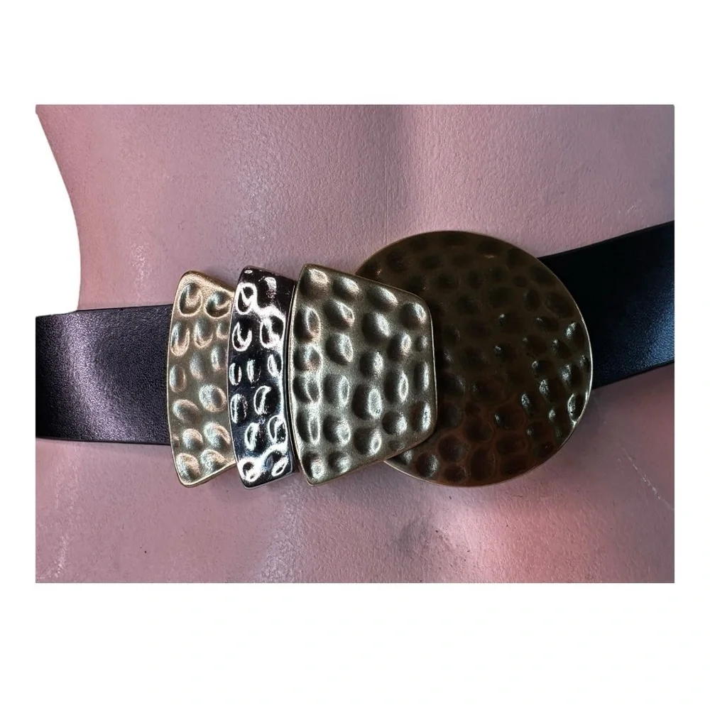 Lake Shore Drive Leather Belt with Hammered Brass and Silver Tone Buckle